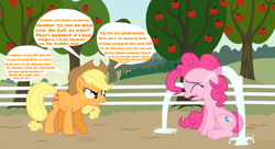 Size: 1212x659 | Tagged: safe, artist:estories, artist:pinkiebuser, artist:smlahyee, artist:stardustxiii, imported from derpibooru, applejack, pinkie pie, earth pony, pony, baby cakes, abuse, angry, applejack's hat, applejerk, cowboy hat, crying, duo, duo female, female, go to sleep svengallop, hat, mare, ocular gushers, op is a duck, out of character, pinkiebuse, size difference, sweet apple acres, vulgar