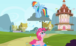 Size: 1144x699 | Tagged: safe, artist:crusierpl, artist:estories, artist:istilllikegamecubes, artist:pinkiebuser, edit, imported from derpibooru, vector edit, pinkie pie, rainbow dash, earth pony, pegasus, pony, abuse, angry, cloud, crying, female, go to sleep svengallop, mare, pinkiebuse, ponyville, rain, rainbow douche, raincloud, vector