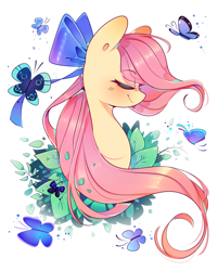 Size: 978x1218 | Tagged: safe, artist:soundwavepie, artist:xpurplepiex, imported from derpibooru, fluttershy, butterfly, pony, bow, bust, cute, eyes closed, hair bow, leaves, portrait, profile, shyabetes