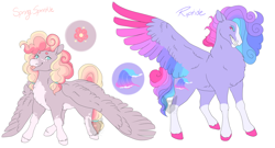 Size: 3200x1728 | Tagged: safe, artist:arexstar, imported from derpibooru, oc, oc only, oc:riptide, oc:spring sprinkle, pegasus, pony, colored wings, magical lesbian spawn, multicolored wings, offspring, parent:pinkie pie, parent:rainbow dash, parents:derpypie, parents:pinkiedash, simple background, white background, wings