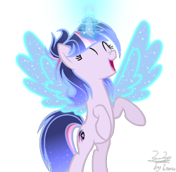 Size: 816x798 | Tagged: safe, artist:whiteplumage233, imported from derpibooru, oc, oc only, pony, unicorn, ^^, artificial wings, augmented, eyes closed, female, magic, magic wings, mare, simple background, solo, transparent background, wings