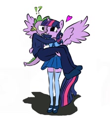 Size: 913x1024 | Tagged: safe, anonymous artist, derpibooru exclusive, imported from derpibooru, spike, twilight sparkle, alicorn, anthro, dragon, bridal carry, carrying, clothes, cute, female, heart, male, mare, mary janes, nuzzling, older, older spike, sailor uniform, school uniform, shipping, shoes, simple background, skirt, spikabetes, straight, surprised, twiabetes, twilight sparkle (alicorn), twispike, uniform, white background, zettai ryouiki