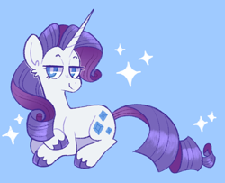 Size: 640x520 | Tagged: safe, artist:bumblesnail-art, imported from derpibooru, rarity, pony, unicorn, blue background, cloven hooves, ear fluff, female, lidded eyes, lying down, mare, prone, simple background, solo, unshorn fetlocks