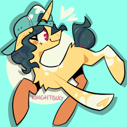 Size: 1300x1300 | Tagged: safe, artist:knightbug, imported from derpibooru, fresh coat, pony, unicorn, spice up your life, backwards ballcap, baseball cap, cap, chest fluff, cute, februpony, female, floppy ears, hat, heart, mare, missing cutie mark, no pupils, paint on fur, profile, solo