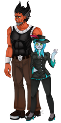 Size: 1155x2301 | Tagged: safe, artist:jennobasilicum, imported from derpibooru, lord tirek, queen chrysalis, equestria girls, abs, belt, blushing, boots, clothes, duo, equestria girls-ified, eyeshadow, feather, fedora, female, grin, hat, high heels, jeans, makeup, male, nose piercing, nose ring, pants, piercing, septum piercing, shoes, simple background, smiling, suit, tanktop, transparent background, wristband