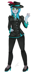 Size: 1098x2388 | Tagged: safe, artist:jennobasilicum, imported from derpibooru, queen chrysalis, human, equestria girls, blushing, clothes, equestria girls-ified, eyeshadow, feather, fedora, female, grin, hat, high heels, makeup, pants, shoes, simple background, smiling, solo, suit, transparent background