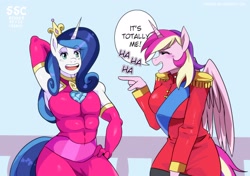 Size: 2026x1427 | Tagged: safe, artist:traupa, imported from derpibooru, princess cadance, shining armor, alicorn, anthro, unicorn, arm behind head, blushing, clothes swap, crossdressing, eyes closed, female, laughing, male, open mouth, shiningcadance, shipping, speech bubble, straight, style change