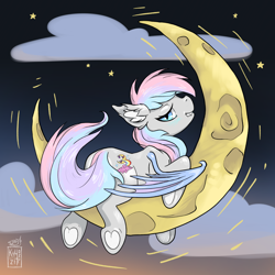 Size: 4000x4000 | Tagged: source needed, safe, artist:kchche, imported from derpibooru, oc, oc:dreamyway skies, bat pony, pony, background, bat pony oc, bat wings, crescent moon, cute, dream, ear fluff, looking at you, looking back, lying down, moon, night, smiley face, smiling, soft color, solo, tangible heavenly object, transparent moon, underhoof, wings