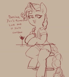 Size: 2130x2354 | Tagged: safe, artist:yoditax, imported from derpibooru, rarity, pony, unicorn, alcohol, alternate hairstyle, braided tail, clothes, dialogue, monochrome, motivational, solo, talking to viewer