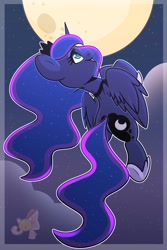 Size: 1365x2048 | Tagged: safe, artist:sakukitty, imported from derpibooru, princess luna, alicorn, pony, cloud, female, flying, full moon, mare, moon, night, open mouth, profile, sky, solo, spread wings, stars, wings