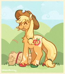 Size: 1175x1330 | Tagged: safe, artist:spoonknifey, imported from derpibooru, applejack, pony, chest fluff, coat markings, colored hooves, cowboy hat, cute, dappled, eating, eyes closed, februpony, hat, hay, hay bale, herbivore, horses doing horse things, jackabetes, redesign, smiling, solo, unshorn fetlocks