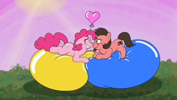 Size: 3840x2160 | Tagged: safe, artist:rupertbluefox, derpibooru exclusive, imported from derpibooru, pinkie pie, oc, oc:ace play, earth pony, pony, balloon, balloon fetish, balloon riding, balloon sitting, birthday gift, blushing, canon x oc, cute, diapinkes, female, fetish, grass, heart balloon, lying down, male, mare, ocbetes, party balloon, pink background, pinkieplay, prone, shipping, signature, simple background, smiling, stallion, straight, that pony sure does love balloons