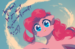 Size: 2000x1300 | Tagged: safe, artist:mirtash, imported from derpibooru, pinkie pie, earth pony, pony, breaking the fourth wall, cheek fluff, cloud, looking at you, open mouth, sky, solo, talking to viewer, worried