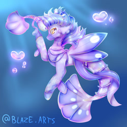 Size: 1280x1280 | Tagged: safe, artist:blaze-arts, imported from derpibooru, oc, oc only, fish, seapony (g4), bubble, crepuscular rays, crown, fins, fish tail, flowing mane, flowing tail, heart, heart bubbles, jewelry, ocean, pearl, regalia, scales, seashell, solo, sunlight, tail, underwater, water, wings, yellow eyes