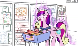 Size: 1305x765 | Tagged: safe, artist:jargon scott, imported from derpibooru, imported from ponybooru, part of a set, princess cadance, oc, oc only, oc:tater trot, alicorn, pony, alcohol, bread, candy, candy hearts, cheese pizza, coca-cola, cola cola, female, food, frozen, glowing eyes, grocery store, horn, i was frozen today, mare, murrlogic, open mouth, peetzer, pizza, princess of love, shelf, shopping, shopping cart, simpsons did it, smiling, soda, solo, supermarket, that pony sure does love pizza, the simpsons, wine, wonder bread