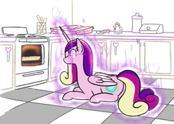 Size: 1017x728 | Tagged: safe, artist:jargon scott, imported from derpibooru, imported from ponybooru, part of a set, princess cadance, alicorn, pony, cheese pizza, female, food, glowing eyes, heart, kitchen, looking at something, lying down, mare, oven, peetzer, pizza, pizza box, princess of love, prone, smiling, solo, that pony sure does love pizza