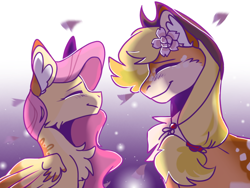 Size: 1024x768 | Tagged: safe, artist:paintedsnek, imported from derpibooru, applejack, fluttershy, earth pony, pegasus, pony, abstract background, blushing, bust, cheek fluff, chest fluff, colored ears, cowboy hat, duo, ear fluff, eyes closed, facing each other, female, flower, flower in hair, folded wings, friendshipping, hair tie, hat, mare, profile, smiling, wings