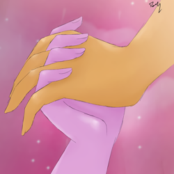 Size: 1080x1080 | Tagged: safe, artist:_denart, artist:rapunzelights, imported from derpibooru, sci-twi, sunset shimmer, twilight sparkle, equestria girls, female, fingers interlocked, holding hands, lesbian, scitwishimmer, she-ra and the princesses of power, shipping, signature, sunsetsparkle