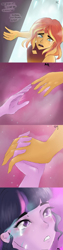 Size: 1080x4320 | Tagged: safe, artist:_denart, artist:rapunzelights, imported from derpibooru, sci-twi, sunset shimmer, twilight sparkle, equestria girls, bust, clothes, comic, crying, female, holding hands, lesbian, looking down, missing accessory, scitwishimmer, she-ra and the princesses of power, shipping, signature, sunsetsparkle, talking