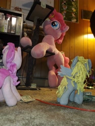 Size: 3024x4032 | Tagged: safe, artist:lanacraft, imported from derpibooru, photographer:crescent star, derpy hooves, pinkie pie, earth pony, bubble berry, chips, food, irl, male, money, photo, plushie, pole dancing, potato chips, rule 63, stripper pole