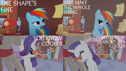 Size: 1986x1117 | Tagged: safe, edit, edited screencap, editor:quoterific, imported from derpibooru, screencap, rainbow dash, rarity, pegasus, pony, unicorn, canterlot boutique, suited for success, 20% cooler, duo, duo female, eyes closed, female, glasses, mirror, open mouth, sewing machine, solo, teeth