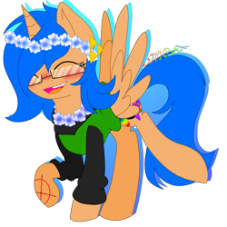 Size: 3000x3000 | Tagged: safe, artist:juliet-gwolf18, imported from derpibooru, oc, oc only, oc:sketchy, alicorn, pony, alicorn oc, blushing, clothes, eyes closed, floral head wreath, flower, horn, signature, simple background, smiling, solo, tattoo, transparent background, wings