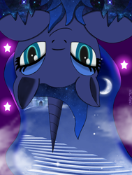 Size: 2464x3263 | Tagged: safe, artist:qnight, artist:qnighter, imported from derpibooru, princess luna, alicorn, pony, castle, chest fluff, cloud, ethereal mane, galaxy mane, looking at you, majestic, moon, purple sky, smiling, solo, stairway to heaven, stars, upside down
