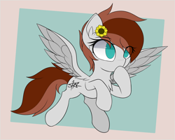 Size: 3500x2800 | Tagged: safe, artist:starmaster, imported from derpibooru, oc, oc only, oc:becca, pegasus, pony, chest fluff, ear fluff, eye clipping through hair, female, flower, flower in hair, flying, mare, no pupils, solo, spread wings, wings