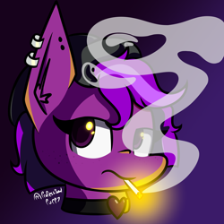 Size: 4000x4000 | Tagged: safe, artist:professionalpuppy, imported from derpibooru, oc, oc only, oc:nightshade, pony, ear fluff, ear piercing, earring, jewelry, piercing, smoking, solo
