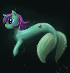 Size: 1136x1190 | Tagged: safe, artist:suiren-sarah, imported from derpibooru, oc, oc only, merpony, pony, seapony (g4), unicorn, black background, blue eyes, bubble, deviantart watermark, female, fish tail, horn, obtrusive watermark, ocean, seaponified, signature, simple background, solo, species swap, swimming, tail, underwater, water, watermark
