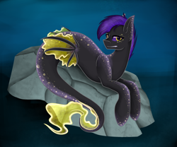 Size: 2300x1915 | Tagged: safe, artist:mailner, imported from derpibooru, oc, oc only, merpony, seapony (g4), fins, fish tail, looking at you, multicolored eyes, ocean, purple mane, rock, sky, solo, tail, teeth, water, yellow eyes