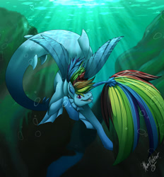 Size: 1280x1381 | Tagged: safe, artist:prince-kaito, imported from derpibooru, rainbow dash, merpony, pegasus, pony, seapony (g4), bubble, crepuscular rays, female, fin wings, fins, fish tail, flowing mane, flowing tail, long tail, looking at you, ocean, open mouth, purple eyes, seaponified, seapony rainbow dash, signature, smiling, solo, species swap, speedpaint, sunlight, teeth, underwater, water, wings