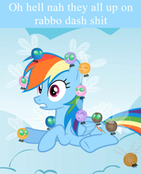 Size: 423x524 | Tagged: safe, edit, edited screencap, imported from derpibooru, screencap, rainbow dash, parasprite, pegasus, pony, swarm of the century, caption, cloud, female, image macro, mare, meme, on a cloud, ponified meme, shitposting, spongebob squarepants, spunch bob, text, vulgar, wide eyes