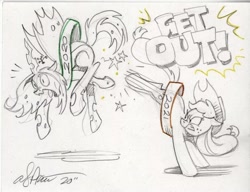 Size: 900x690 | Tagged: safe, artist:andypriceart, imported from derpibooru, applejack, queen chrysalis, changeling, earth pony, pony, 2020, 2020 hate, abuse, andy you magnificent bastard, bucking, chrysabuse, kick in the butt, kicking, literal butthurt, new year, pain, punish the villain, traditional art