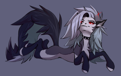 Size: 2845x1789 | Tagged: safe, artist:1an1, imported from derpibooru, demon, demon pony, hellhound, pony, blushing, chest fluff, choker, grin, hellhound pony, helluva boss, looking at you, loona (helluva boss), lying down, pale belly, ponified, prone, red eyes, smiling, spiked choker