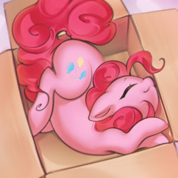 Size: 2171x2171 | Tagged: safe, artist:mirroredsea, imported from derpibooru, pinkie pie, earth pony, pony, behaving like a cat, box, cardboard box, cute, daaaaaaaaaaaw, diapinkes, eyes closed, female, high res, if i fits i sits, mare, ponk, pony in a box, solo, stray strand, weapons-grade cute