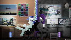 Size: 2560x1440 | Tagged: safe, artist:etheria galaxia, imported from derpibooru, oc, oc only, oc:etheria galaxia, oc:scratch wub, alicorn, pony, unicorn, alicorn oc, chair, clock, coffee mug, computer, computer screen, duo, female, gaming, glasses, horn, male, mare, mug, poster, stallion, wings