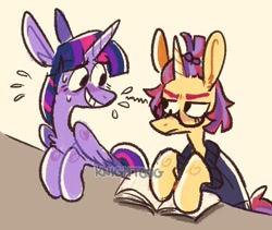 Size: 1290x1090 | Tagged: safe, artist:knightbug, imported from derpibooru, moondancer, twilight sparkle, alicorn, unicorn, amending fences, annoyed, awkward, book, glasses, scene interpretation, sweat, sweating profusely, twilight sparkle (alicorn)