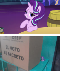 Size: 1918x2248 | Tagged: safe, imported from derpibooru, screencap, starlight glimmer, pony, uncommon bond, cutie mark crew, ecuador, election, irl, mcdonald's, mcdonald's happy meal toys, photo, ponies in real life, spanish, toy, vote