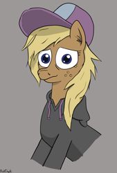 Size: 2570x3798 | Tagged: safe, artist:pinkchalk, ponerpics exclusive, oc, oc only, oc:hay bale, earth pony, baseball cap, cap, clothes, ear fluff, featured image, freckles, gray background, hat, hoodie, looking at you, simple background, solo