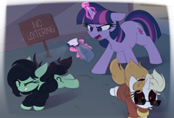 Size: 1216x828 | Tagged: safe, artist:shinodage, imported from ponybooru, twilight sparkle, oc, oc:dyx, oc:filly anon, alicorn, earth pony, pony, unicorn, clothes, female, filly, hoodie, jacket, loitering, running, sign, smoking, spray bottle, sunglasses, wet