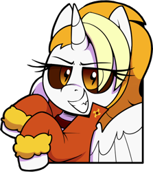 Size: 478x535 | Tagged: safe, artist:shinodage, imported from ponybooru, oc, oc only, oc:dyx, alicorn, pony, clothes, female, filly, jacket, looking at you, simple background, solo, transparent background