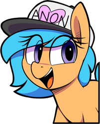 Size: 395x492 | Tagged: safe, artist:shinodage, imported from ponybooru, oc, oc only, oc:little league, earth pony, pony, female, filly, hat, looking at you, simple background, solo, transparent background