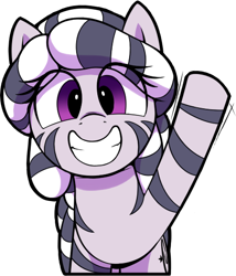 Size: 446x522 | Tagged: safe, artist:shinodage, imported from ponybooru, oc, oc only, oc:zala, pony, zebra, female, filly, looking at you, simple background, smiling, solo, transparent background, waving, zebra oc