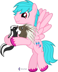 Size: 4000x4931 | Tagged: safe, artist:parclytaxel, imported from derpibooru, oc, oc only, oc:fireshy, pegasus, pony, porcupine, skunk, .svg available, absurd resolution, flying, hug, male, monthly reward, simple background, smiling, solo, stallion, transparent background, unshorn fetlocks, vector