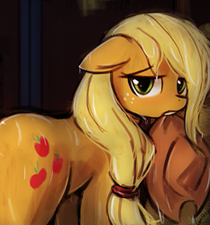 Size: 565x606 | Tagged: safe, artist:lumineko, applejack, earth pony, pony, appleoosa's most wanted, applejack's hat, cowboy hat, cropped, female, hat, looking at you, mare, mouth hold, scene interpretation, solo, wet, wet mane