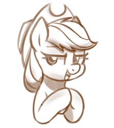 Size: 910x1024 | Tagged: artist needed, safe, applejack, earth pony, pony, female, hat, mare, monochrome, open mouth, plotting, sketch, solo