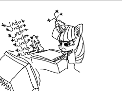 Size: 793x597 | Tagged: safe, artist:anonymous, twilight sparkle, pony, unicorn, computer, drawing, drawing tablet, female, frown, horn, irritated, magic, mare, monochrome, sketch, solo, telekinesis, text, undo, unicorn twilight