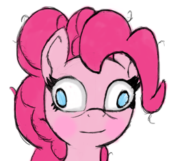 Size: 652x612 | Tagged: artist needed, safe, pinkie pie, earth pony, pony, blank stare, blushing, bust, drawthread, exotropia, faic, female, mare, messy mane, simple background, smiling, solo, white background