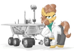 Size: 1200x829 | Tagged: safe, artist:flutterthrash, oc, oc only, oc:amity, earth pony, pony, clothes, earth pony oc, female, glasses, lab coat, lidded eyes, mare, mars rover, smiling, solo